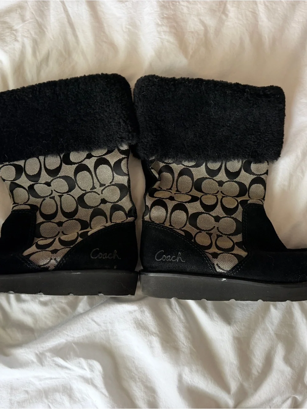 Coach Black and Beige Monogram Shearling Cuff Boots